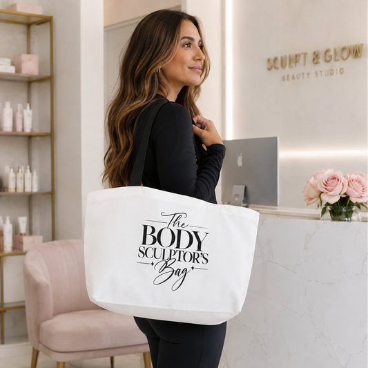 A woman in a black outfit carries a large white tote bag with the text 'The BODY SCULPTOR'S Bag' printed in black. The setting is a modern beauty studio with a reception desk, pink chair, and shelves in the background. Apparel and accessories for body contouring specialists.