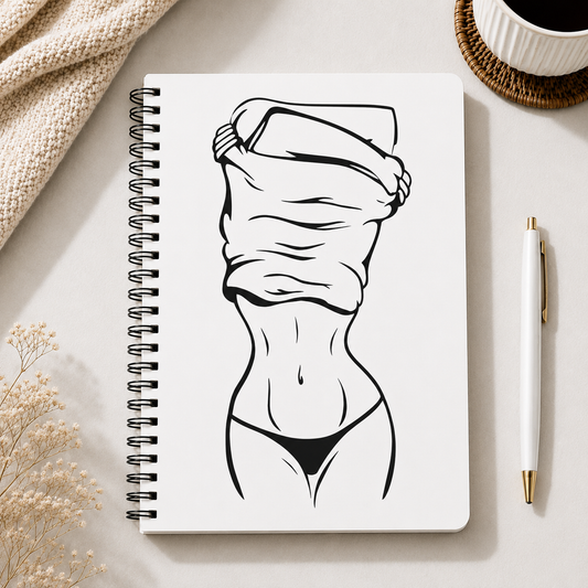 A white spiral-bound notebook with a black line-art illustration of a woman's lower torso and underwear, styled on a light surface with a beige knit fabric, a white coffee cup, a pen, and dried flowers. Clothing, apparel and accessories for body contouring specialists and beauty professionals.