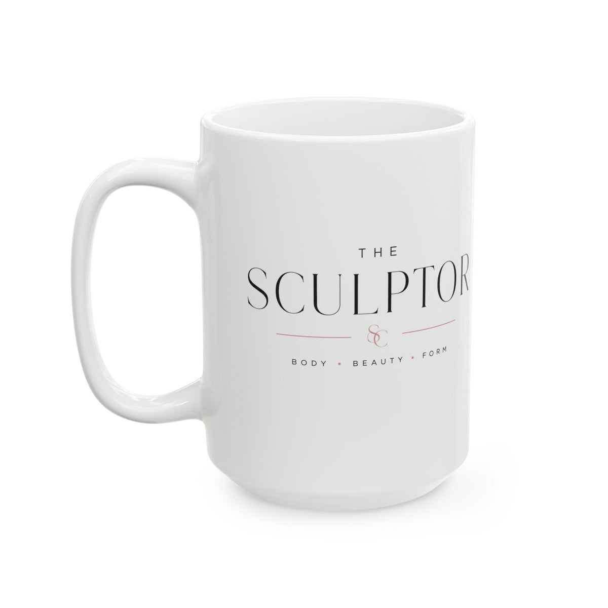 A white ceramic mug with a handle, featuring the text 'THE SCULPTOR' and 'BODY • BEAUTY • FORTH' printed in black and a small rose gold accent on the front, set against a plain white background. Apparel, accessories and mugs for body contouring specialists.